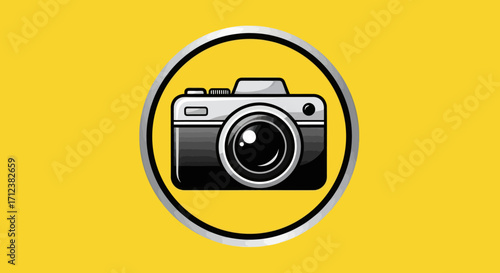Black and white camera illustration on yellow background.