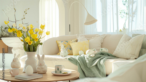 Sunny spring living room decorated with Easter elements and fresh yellow tulips in a vase