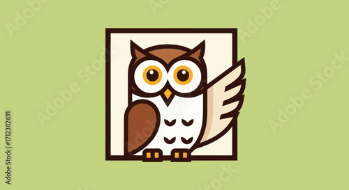 Cute cartoon owl in a square frame focused on the owls details simple design and friendly expression.