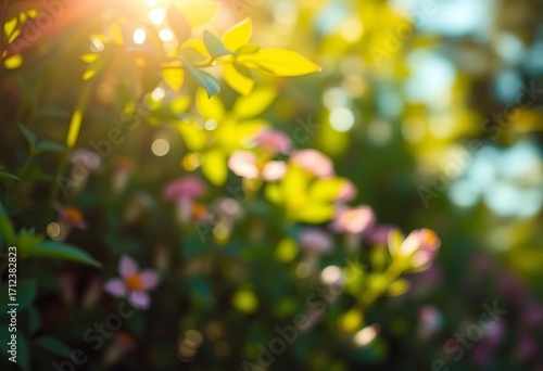 Fototapeta Naklejka Na Ścianę i Meble -  Soft-focus, sunlit green leaves and blurred flowers create a dreamy nature bokeh,  backdrop,  sunlight