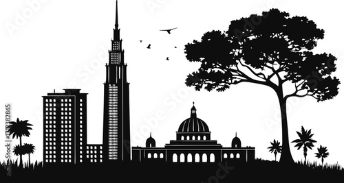 High resolution black and white city skyline silhouette design for graphic projects