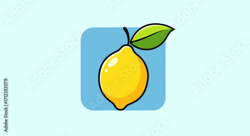 Fresh yellow lemon fruit with green leaf illustration.