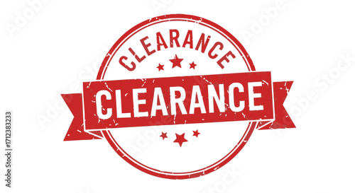 Red grunge clearance stamp with ribbon banner announcing sale.