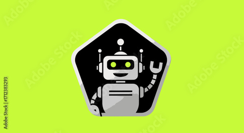 Friendly cartoon robot character with glowing eyes and mechanical arms.