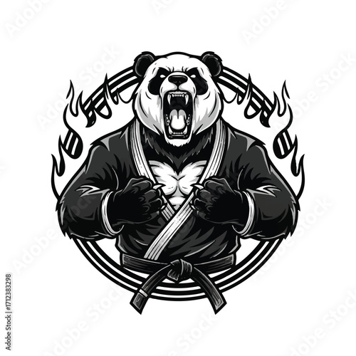 An aggressive panda bear wearing a martial arts gi, roaring with flames behind it, set against a circular striped background.