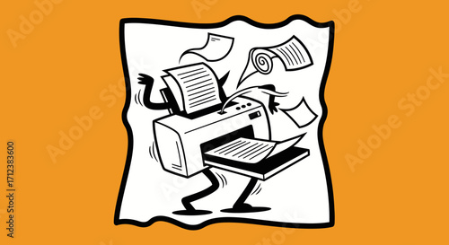 Cartoon printer working hard printing many papers in an office setting.