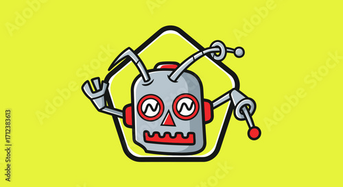Retro robot head design with antenna and mechanical arms.