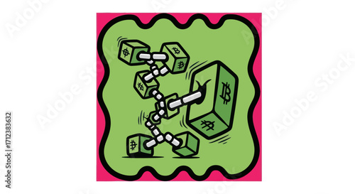 Blockchain Network with Connected Cubes and Dollar Signs.