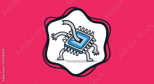 Cartoon Microchip Monster with Tentacles and Legs.
