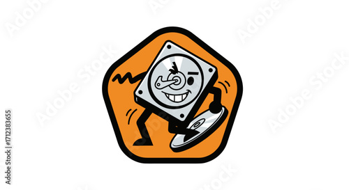 Funny cartoon hard drive character dancing with a computer mouse.