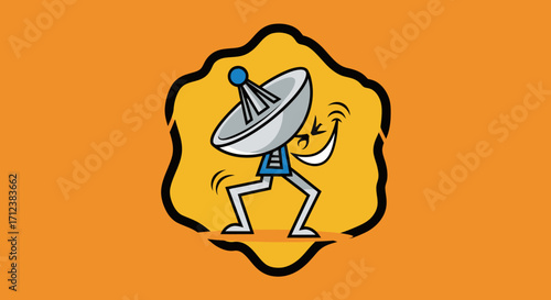 Animated satellite dish character dancing with joy and excitement on orange background.