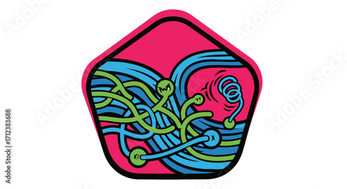 Intricate network of interconnected lines and shapes vibrant colors abstract design complex pattern focused on visual elements.