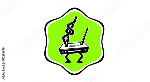 Retro cassette player character dancing with antenna and legs.