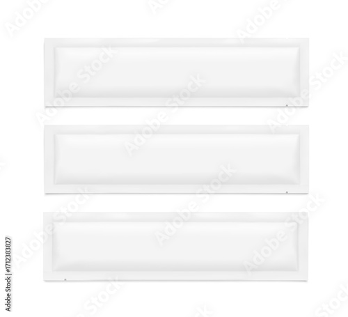 Four side seal sachet bag mockup set. Flat lay view. Vector illustration isolated on white background. Can be use for template your design, presentation, promo, ad. EPS10.