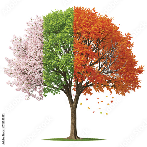 Vibrant Flat 2D Vector Illustration of a Four-Season Tree Symbolizing Annual Cycles and Nature's Timeless Flow