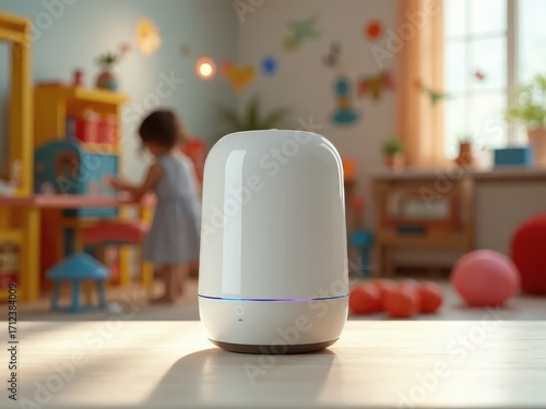 White smart speaker device in children's room. Intelligent assistant in smart home system. Modern kitchen with AI smart assistant device on table