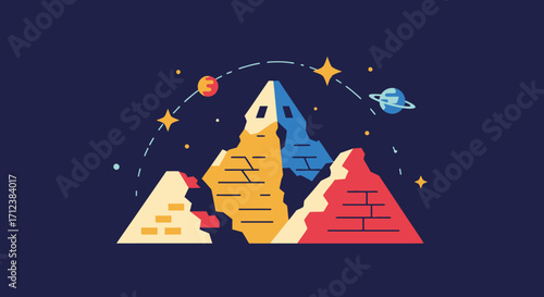 Colorful cosmic mountain range with orbiting planets and stars.