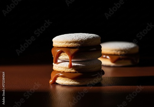 Stack of traditional alfajor cookies with dulce de leche filling on a dark background