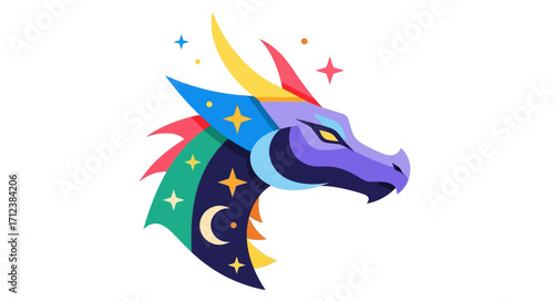 Colorful dragon head illustration with stars and crescent moon design.