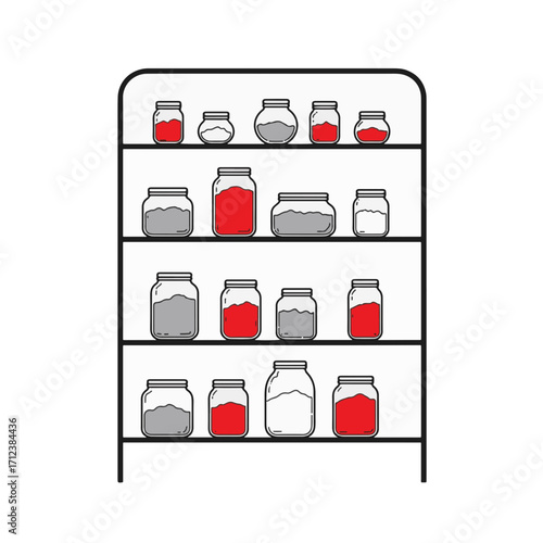 Minimalist pantry shelf with jars, elegant monochrome design