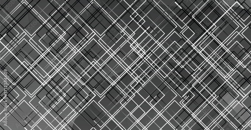 Fototapeta premium Abstract geometric pattern featuring overlapping squares and rectangles in shades of gray and white.
