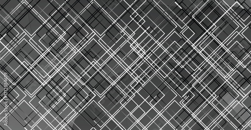 Abstract geometric pattern featuring overlapping squares and rectangles in shades of gray and white.