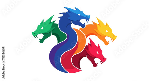 Colorful Five-Headed Dragon Illustration on White Background.