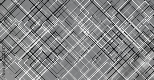 Abstract grayscale geometric pattern of intersecting lines and squares forming a complex network design.
