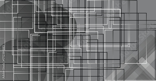 Abstract composition of overlapping squares and rectangles in shades of gray, creating a modern and geometric pattern.