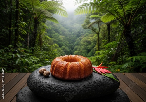 Dominican coconut cassava cake with nutmeg on volcanic stones in a lush tropical rainforest