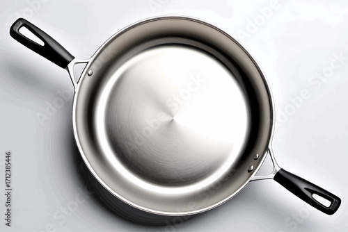 High-angle close-up view of a round, stainless steel frying pan.