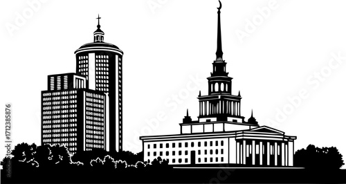 High resolution black and white city skyline silhouette design with architectural detail and urban landscape elements