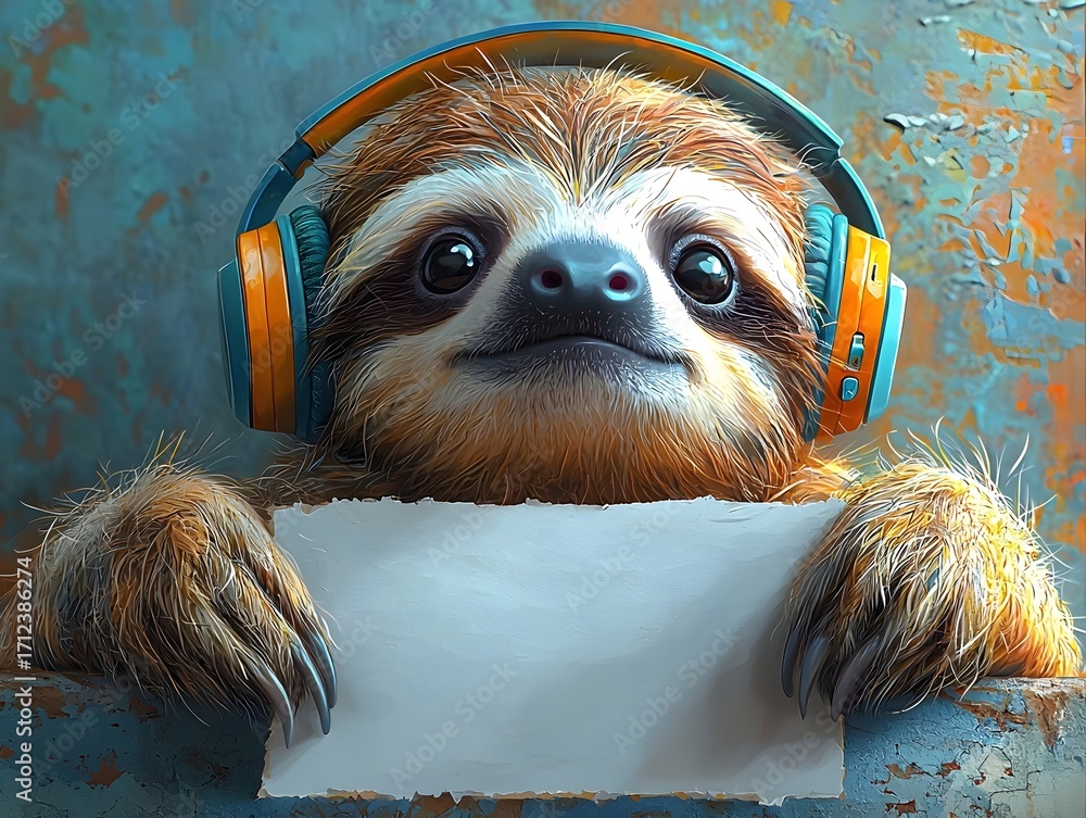 Obraz premium Adorable sloth wearing headphones holds a blank card ready for a custom message