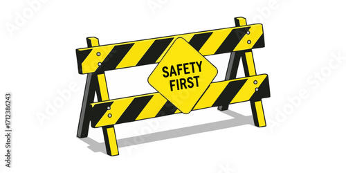 Bold yellow and black construction barrier with prominent "SAFETY FIRST" sign emphasizes crucial industrial and workplace protection protocols, preventing accidents.