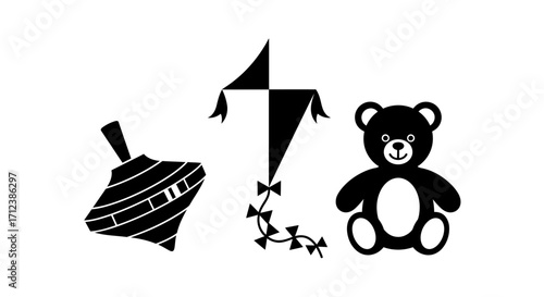 Kids Toys Icons Kite, Top, Teddy