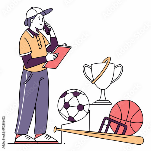 Male coach thinking with checklist clipboard, trophy, soccer ball, and bat on white background. Concept of sports planning and achievement. Vector .