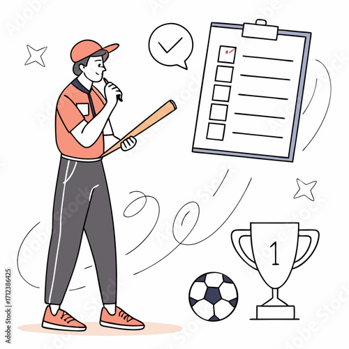 Male coach thinking with checklist clipboard, trophy, soccer ball, and bat on white background. Concept of sports planning and achievement. Vector .