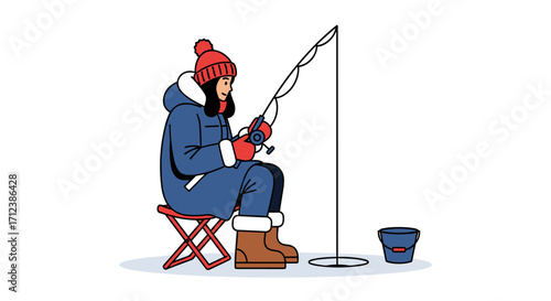 An illustration depicts a bundled-up person enjoying the peaceful winter sport of ice fishing, patiently waiting for a catch on a frozen lake.