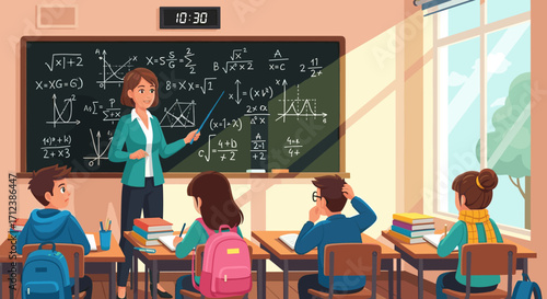 A diligent female teacher passionately instructs attentive students on various mathematical concepts within a bright, sunlit classroom.
