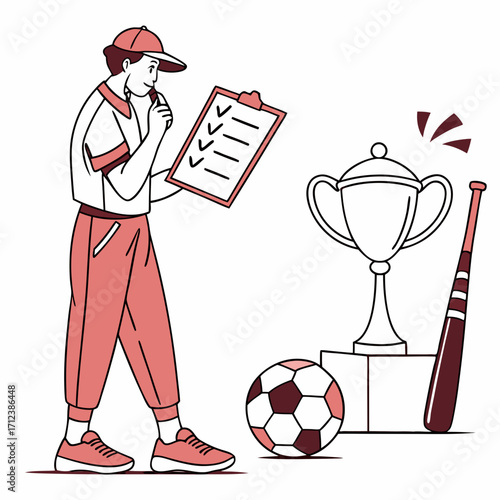 Male coach thinking with checklist clipboard, trophy, soccer ball, and bat on white background. Concept of sports planning and achievement. Vector .