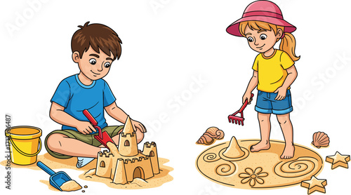 Children playing on beach, building sandcastle, creating sand art, summer vacation fun, colorful tools, seashells, starfish, outdoor activity, creative moment