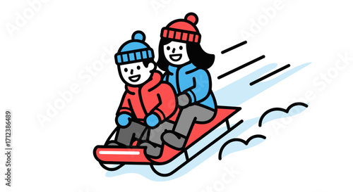 Two joyful cartoon children, a boy and a girl, are happily sledding down a snowy hill, enjoying a fun winter activity together.