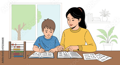 A caring mother or tutor patiently guides a young boy through his homework and studies at a bright home desk, fostering a positive learning environment.