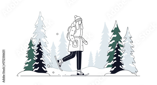 A person snowshoeing through a serene winter forest, enjoying the peaceful outdoor activity amidst snow-covered evergreen trees.