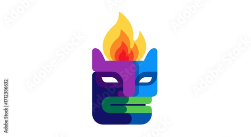 Colorful stylized mask with flames, symbolic design, vibrant colors, cultural inspiration, artistic representation.