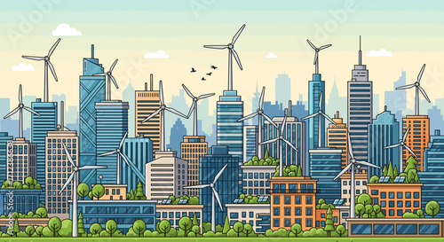 A modern city panorama, featuring skyscrapers with wind turbines and green roofs, symbolizes clean energy and eco-friendly urban design.