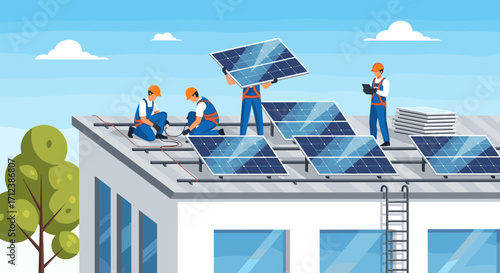 Skilled technicians are actively installing eco-friendly solar panels on a modern building's rooftop under a clear blue sky, promoting sustainable energy solutions.