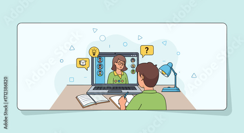 A student actively engages in a virtual online lesson with their teacher, taking notes while participating in a remote learning environment.