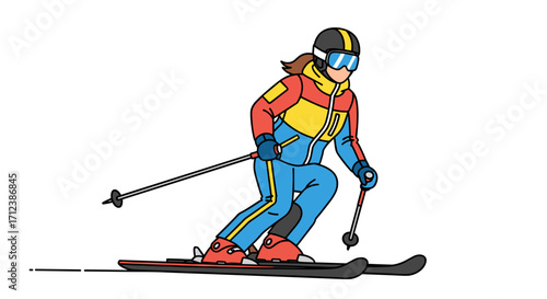 An energetic illustration of a female skier gracefully descending a snowy mountain, dressed in vibrant winter sports attire, ready for an exhilarating adventure.