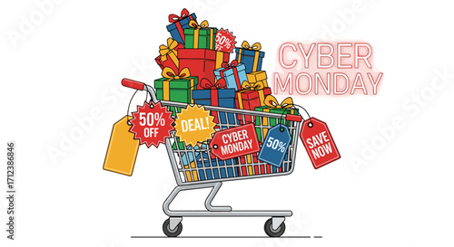 A shopping cart filled with numerous colorful gift boxes and various discount tags, symbolizing the exciting Cyber Monday online sales event.